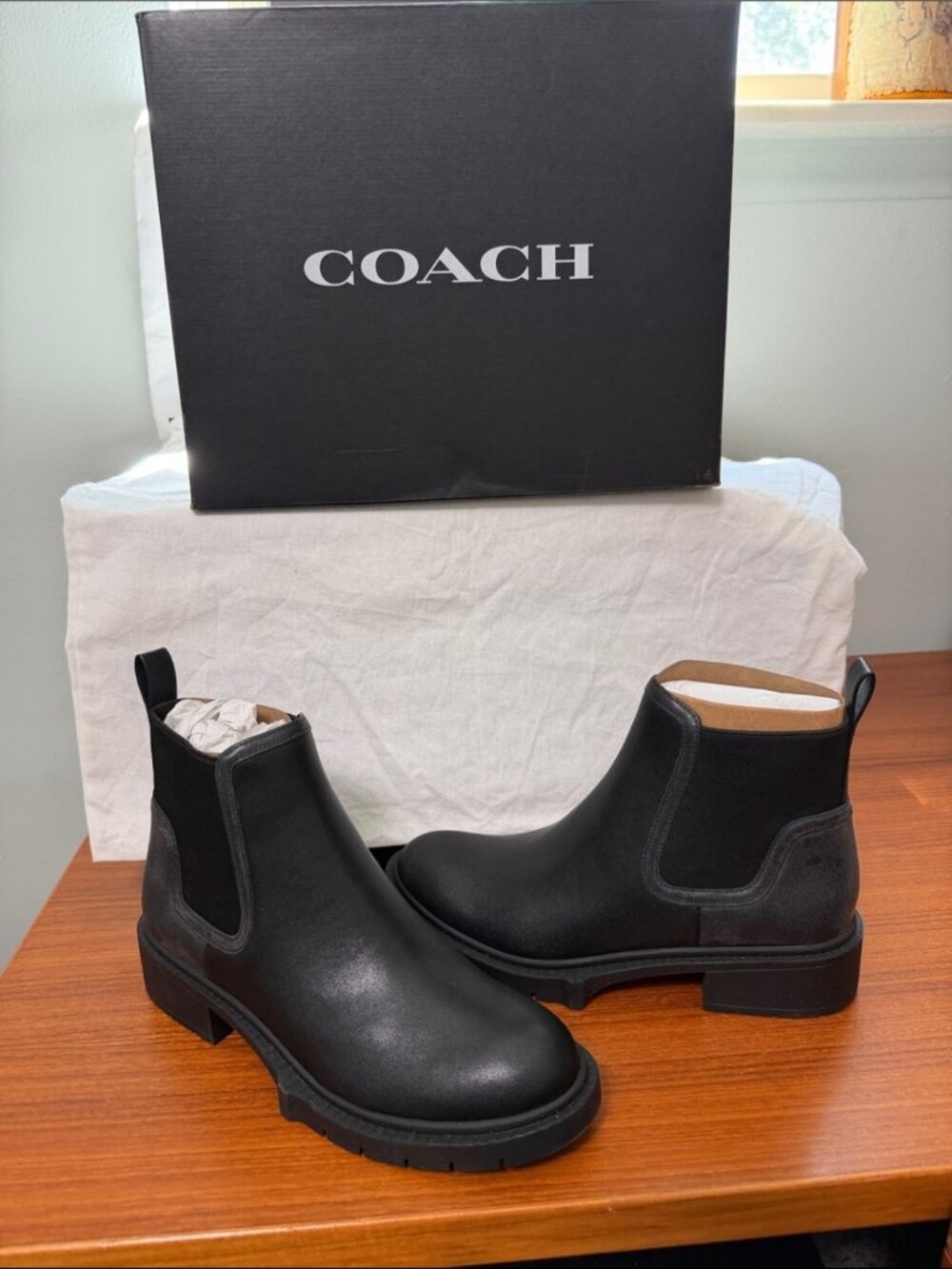 COACH Lenora Bootie Chelsea Lug Boots Black Leather 7.5 38 Brand New in Box